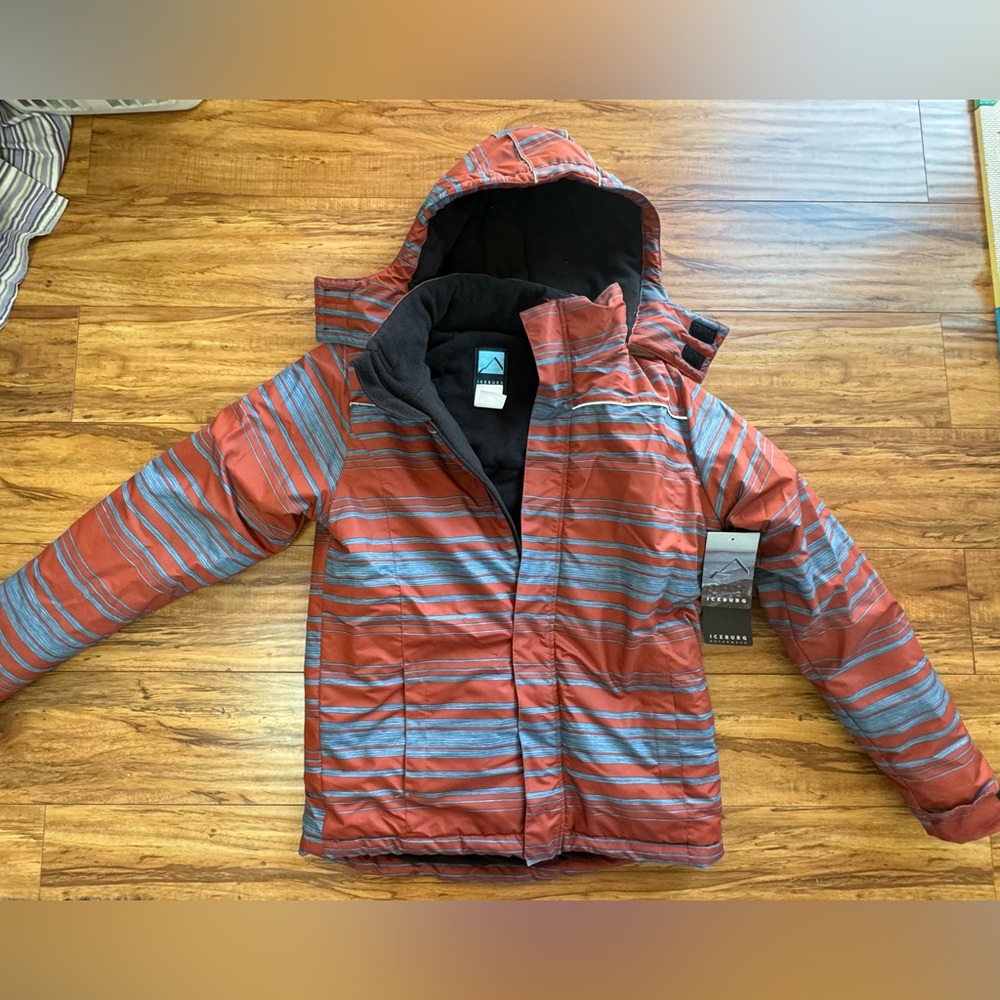 NWT Iceberg Unisex Hoodie Winter Jacket Horizontal Red Silver Stripes 18/Large